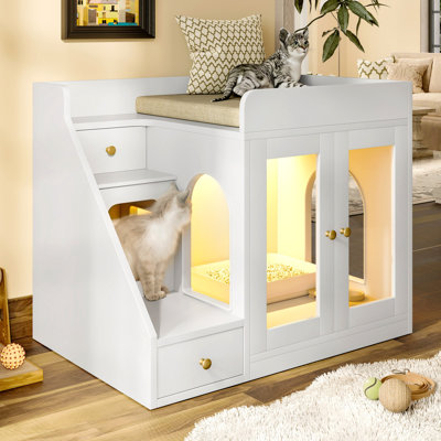 Enceinte de litière pour chat avec lumière, litière cachée avec 2 tiroirs de rangement, blanc