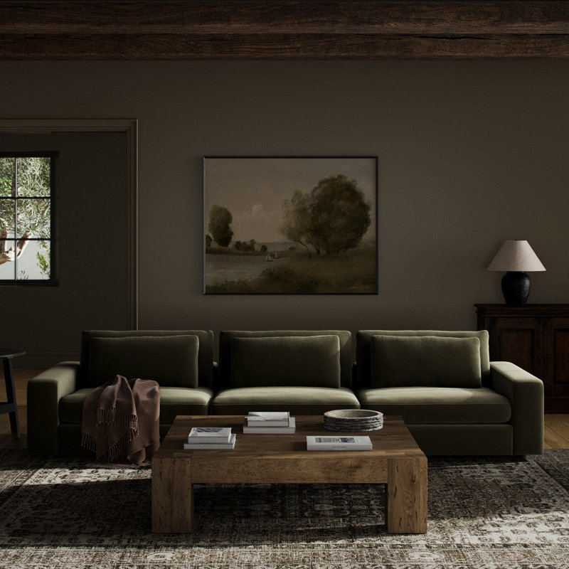 Bloor 3PC Sectional-132"-Savoy Parchment, Surrey Olive Cotton Blend