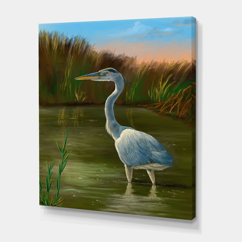Blue Heron Wetland Bird - reproduction d'art murale traditionnelle, H 32 po x l 24 po x P 1 po, Toile tendue