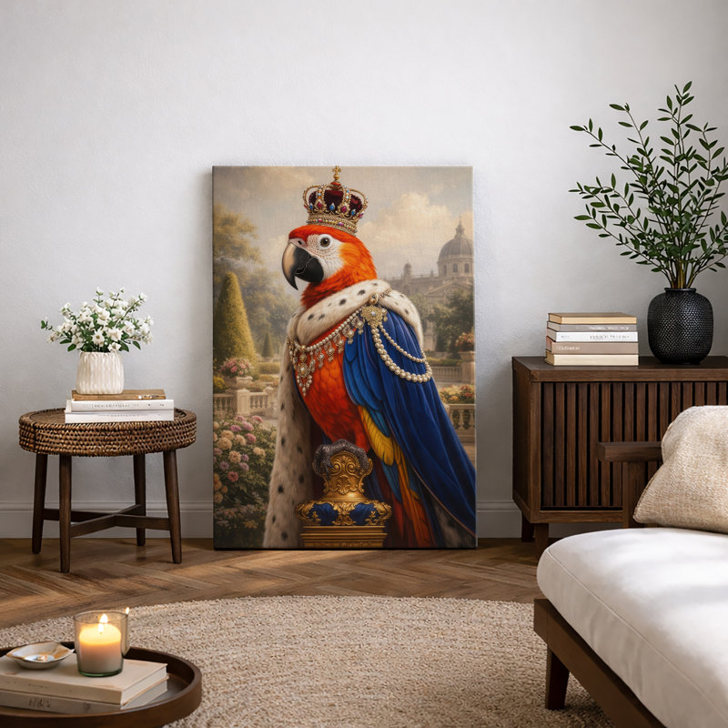 «Royal Parrot Portrait in Ornate Palace Garden Scene», reproduction d'art sur toile encadrée, H 18 po x l 12 po, Toile tendue