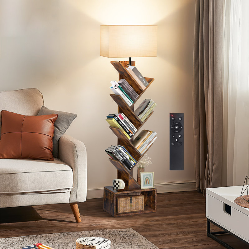 Sindel 58" Bookcase With Remote Control And Tree Floor Lamp, Rustic Brown