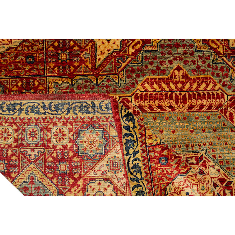 Tapis rouge, beige et vert noué à la main de haute qualité