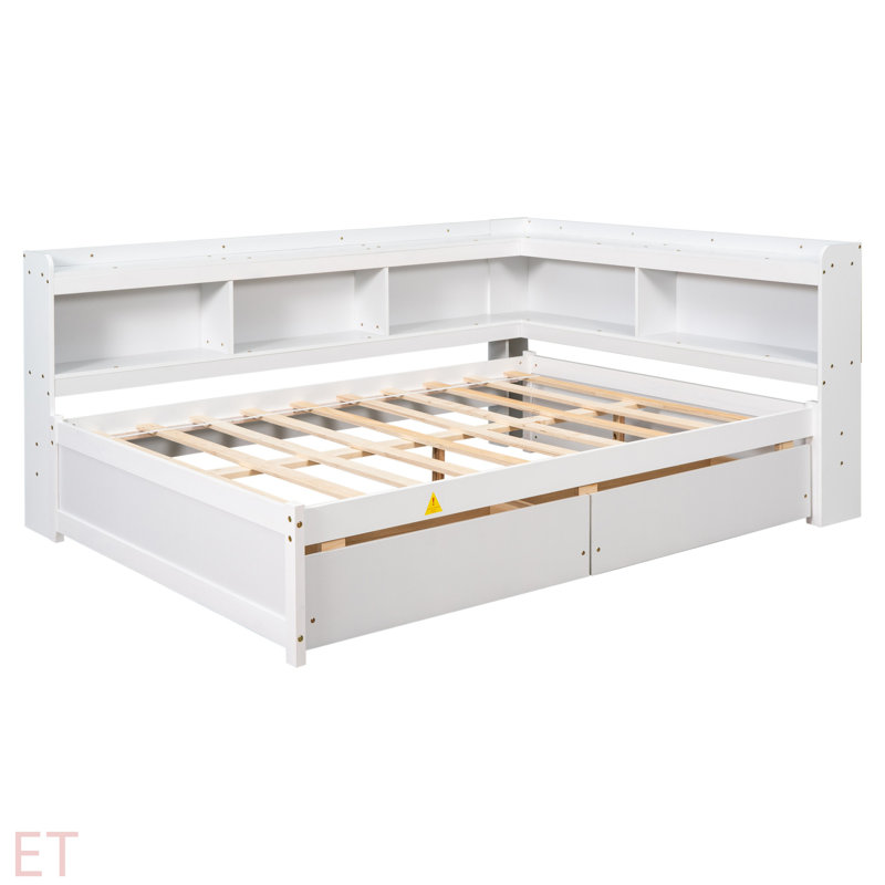 Bed With L-Shaped Bookcases,Drawers, Full