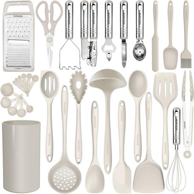 33 Pcs Silicone Cooking Utensil Set,stainless Steel Kitchen Utensils Set,non-stick Heat Resistant,khaki