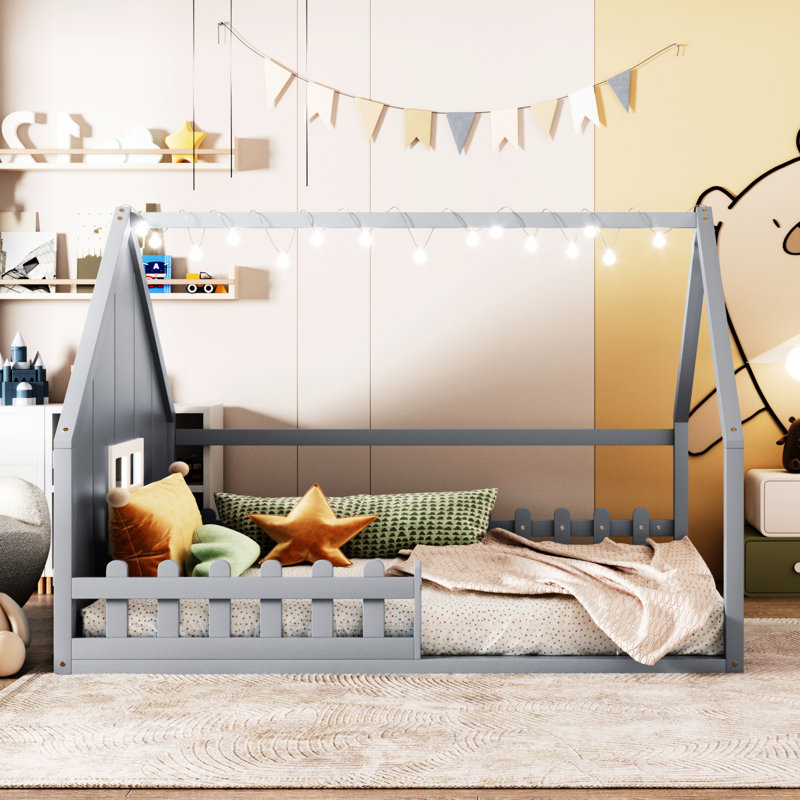 Full Size Wood House Bed In Gray - Construction With Pine & , Fence Window, Led , No Box Spring For A Serene Bedroom Area Size Solid And Fenced Relaxing Space