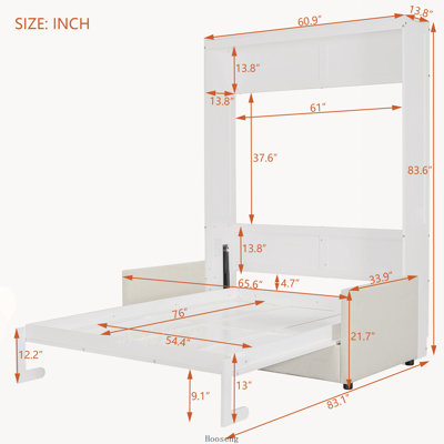Lit escamotable double avec coussin, blanc