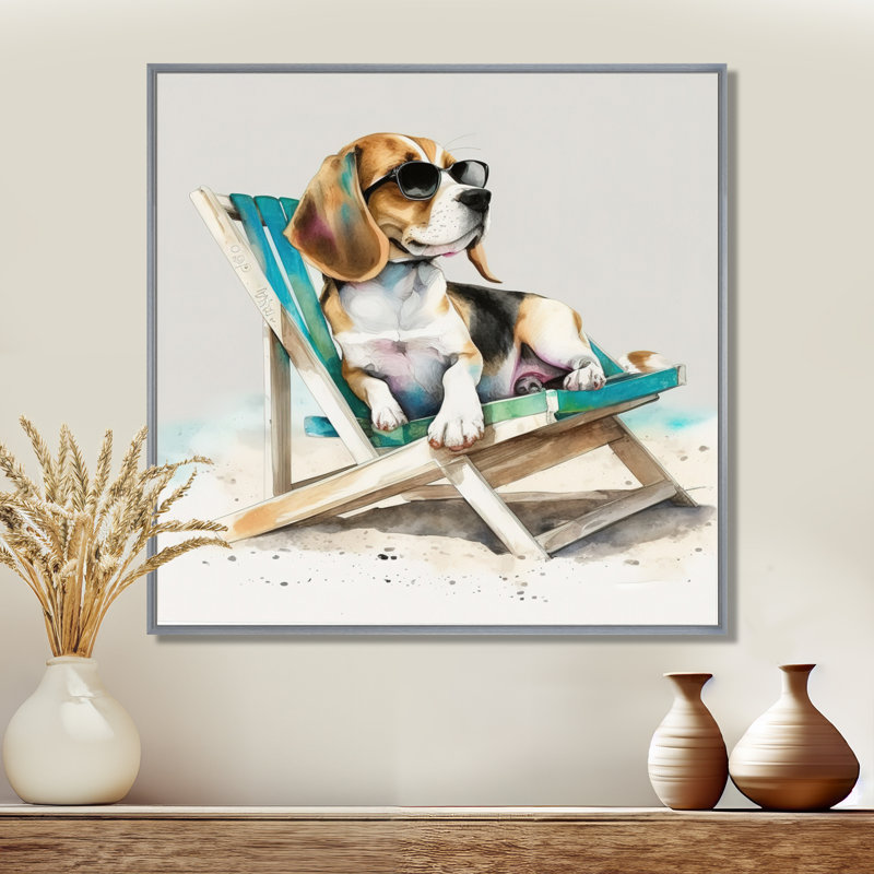 Chien sur la plage II - reproduction sur toile, H 24 po x l 24 po, Encadrement argenté