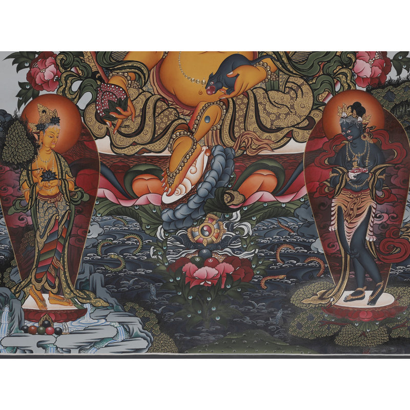 Art mural bouddhiste du dieu Kubera peint à la main - 28 "divinité tibétaine traditionnelle Thangka avec des accents dorés 24 carats pour la prospérité