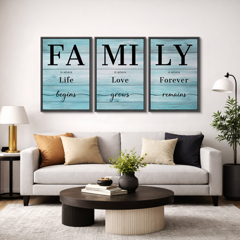 «Family Family Artwork», typographie moderne, photos de chambre, impression sur toile encadrée, 3 pièces, Bleu, Cadre noir