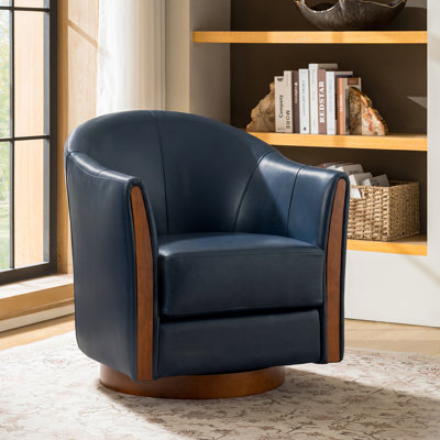 Pocono 29"W Transitional Genuine Leather Swivel Barrel Chair With Solid Wood Base