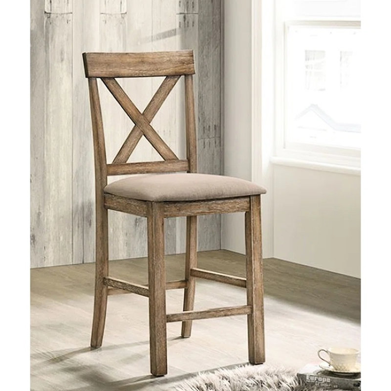 De 2 chaises de salle à manger rembourrées en lin sans accoudoirs avec siège en X, brun clair et chêne antique, siège uni rembourré, siège à hauteur de comptoir en chêne patiné
