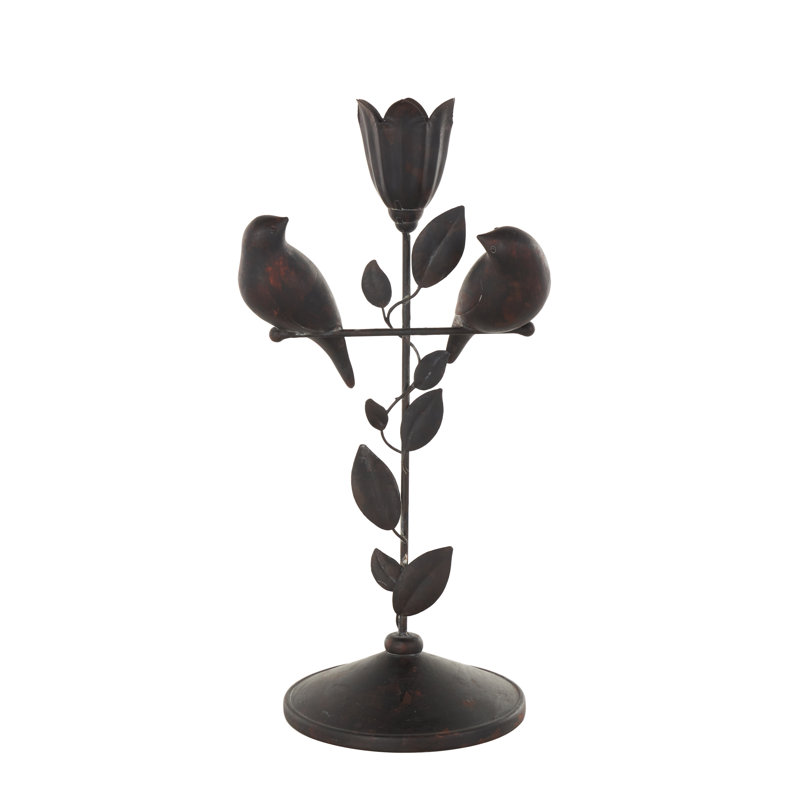 Cole And Grey Polystone Perching Bird Decorative Sculpture With Leaf Vine And Copper Shading