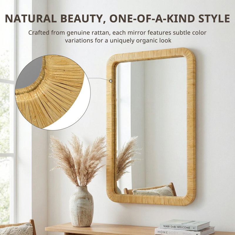 Nirvelli Natural Rattan Accent Wall Mirror with D-Ring Hangers, 39" H x 26" W, Rectangle
