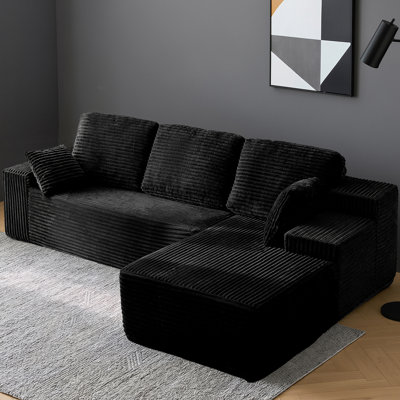 Canapé modulaire en forme de L de Boneless de 96 po avec méridienne surdimensionnée en forme de L, canapé modulaire en velours côtelé 3 places pour le salon et la chambre à coucher, siège profond sans assemblage requis (noir, forme de L avec fauteuil de droite)