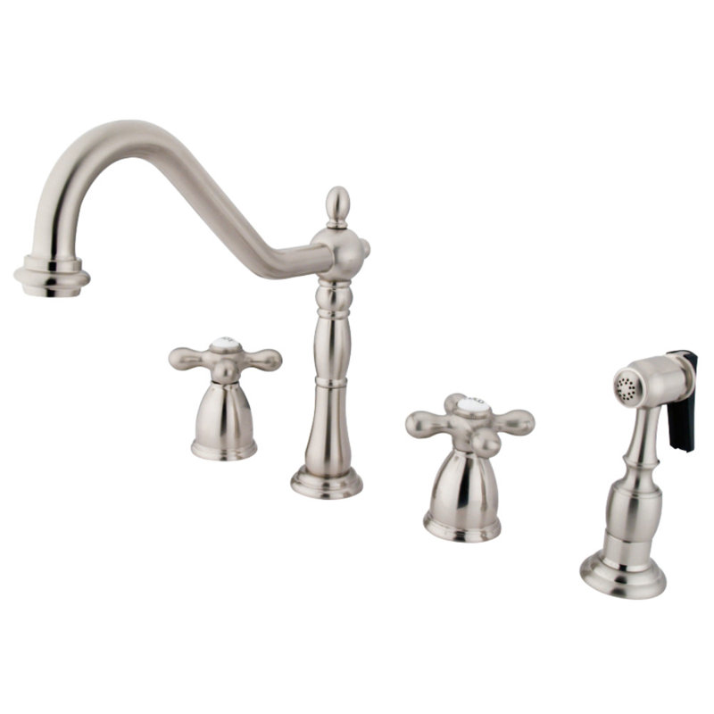 Kingston Brass Heritage Double-Handle Widespread Kitchen Faucet, Brushed Nickel, With Side Spray