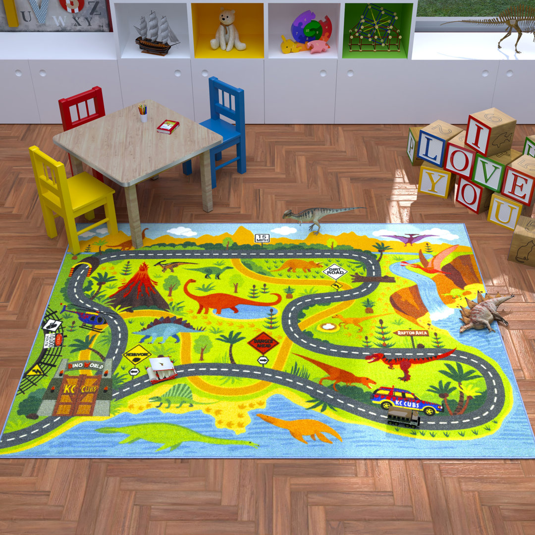 Dinosaur Car Kids Playmat Rug Educational for Kids Road and Traffic Carpet Classroom Playroom Mat Zoomie Kids Rug 