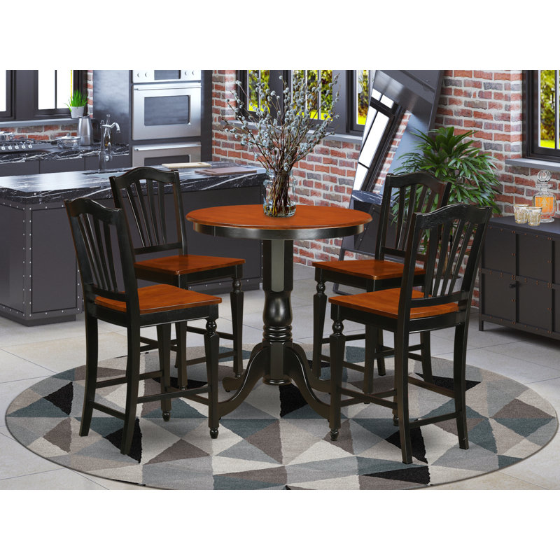 5 Piece Counter Height Dining Table Set Includes a Round Kitchen Table with Pedestal and 4 Dining Chairs, Black & Cherry