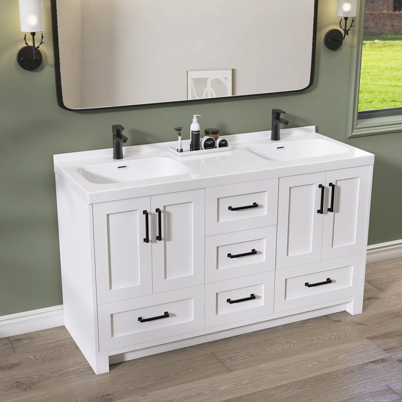 Routenberg Freestanding Double Sinks Bathroom Vanity Cabinet Solid Wood Stand Alone Bath Vanity with  White Solid Surface Top Combo