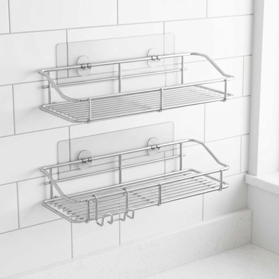 2-Pack Adhesive No Drilling Stainless Steel Shower Caddy Shelves with Hooks for Bathroom Washroom Lavatory Toilet Kitchen Storage