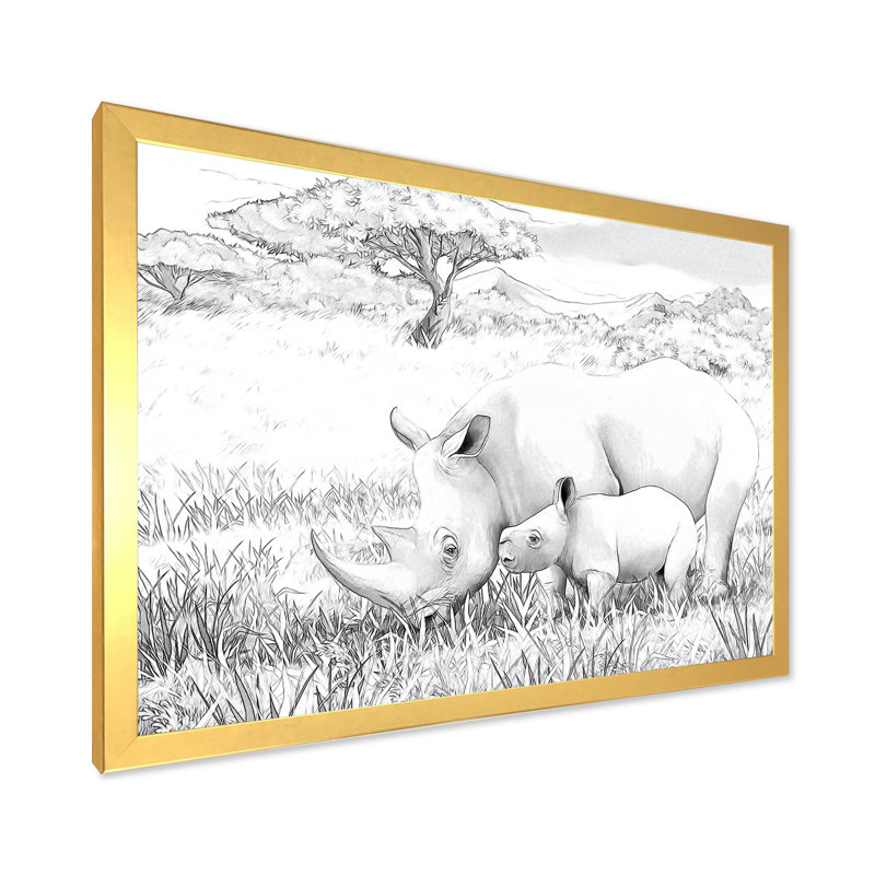 Rhino in African Safari - peinture sur toile, H 16 po x l 32 po, Toile à cadre d'angle fermé doré