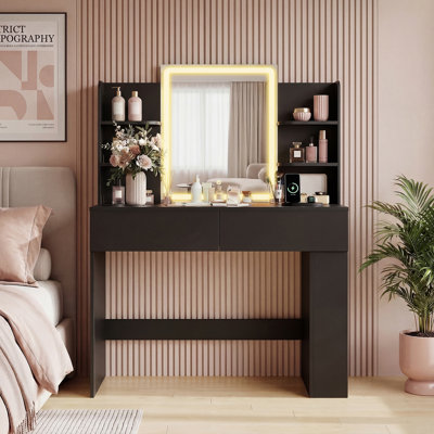 Vanity Desk with LED Lighted Mirror, Makeup Vanity with Storage Drawers, Dressing Vanity Set for Bedroom