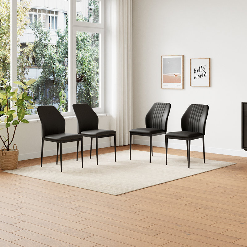 Faux Leather Solid Back Dining Side Chair With Stable Steel Legs, Set Of 4, Black