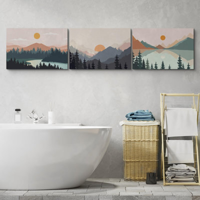 «Woodland Nursery Decor Sunrise Pastel Mountain River Nature Landscape», 3 pièces
