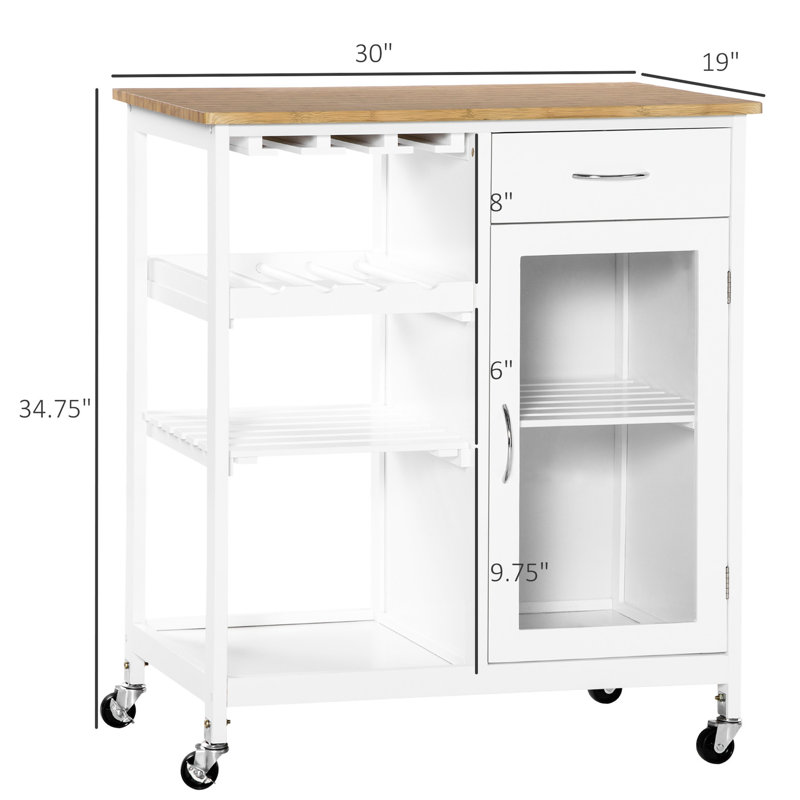 Îlot de cuisine roulant blanc, support à 4 bouteilles, porte-verres à pied, armoire à tiroirs et manœuvrable fonctionnel