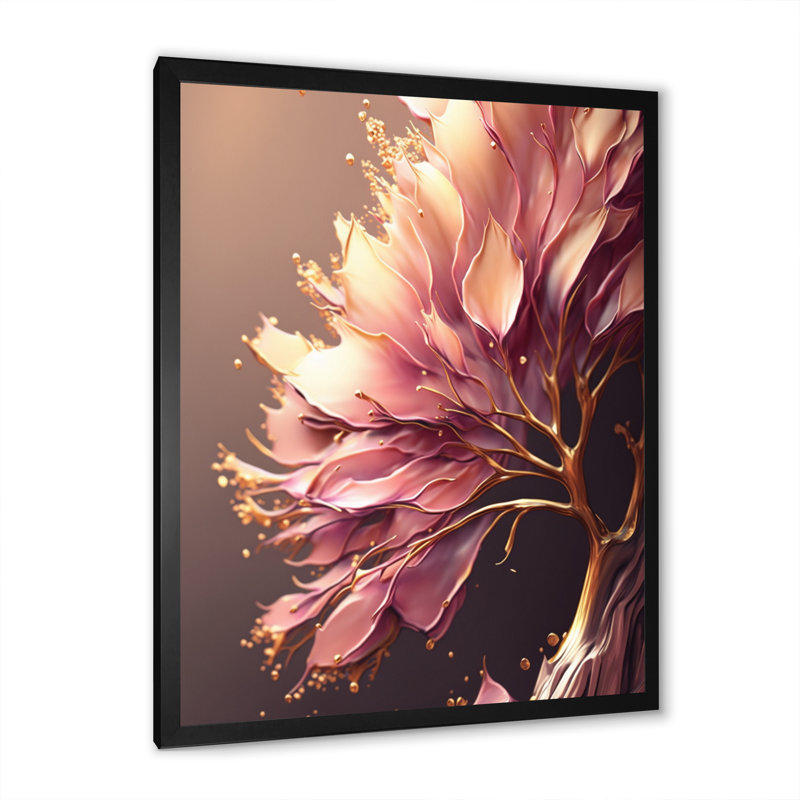 Abstrait rose et feuilles dorées IV - Impression sur toile, H 32 po x l 24 po x P 1 po, Toile encadrée noire à coins fermés