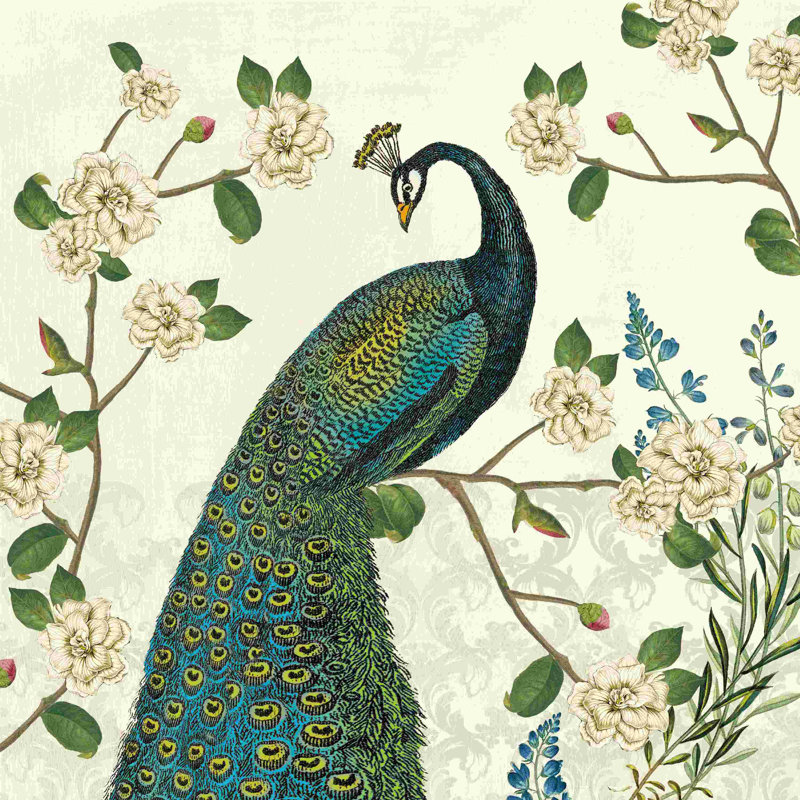 Peacock Arbor I Ivory V2 - peinture sur toile tendue, H 12 po x l 12 po