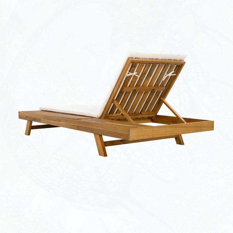 Chaise longue en bois d'acacia avec inclinaison à 4 positions et coussin crème épais de 2 pouces, Crème