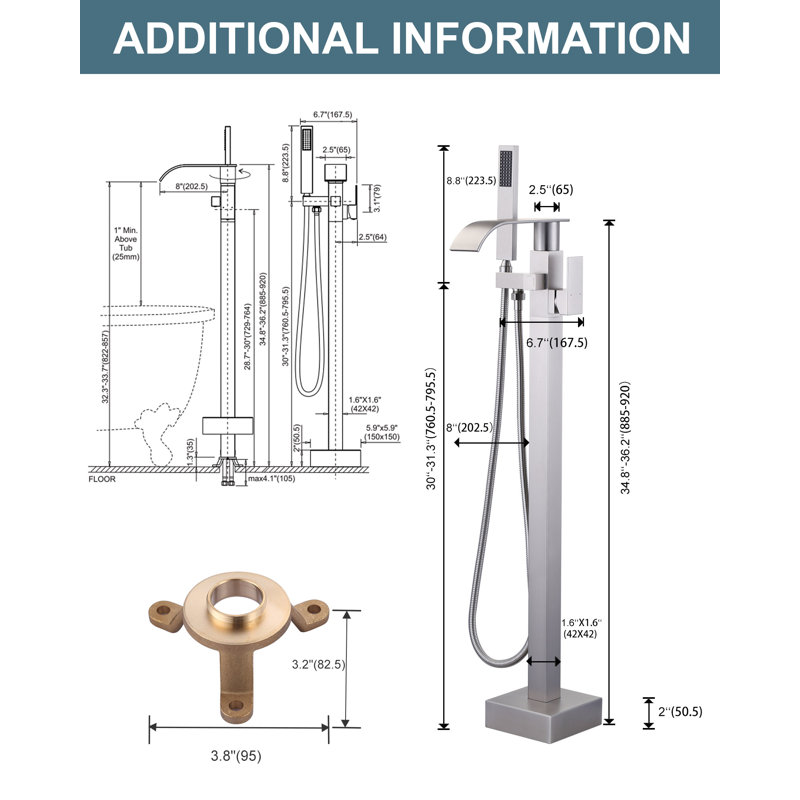 Robinet de baignoire autoportant à poignée simple en laiton avec douche à main, robinet de baignoire à fixation au sol en cascade