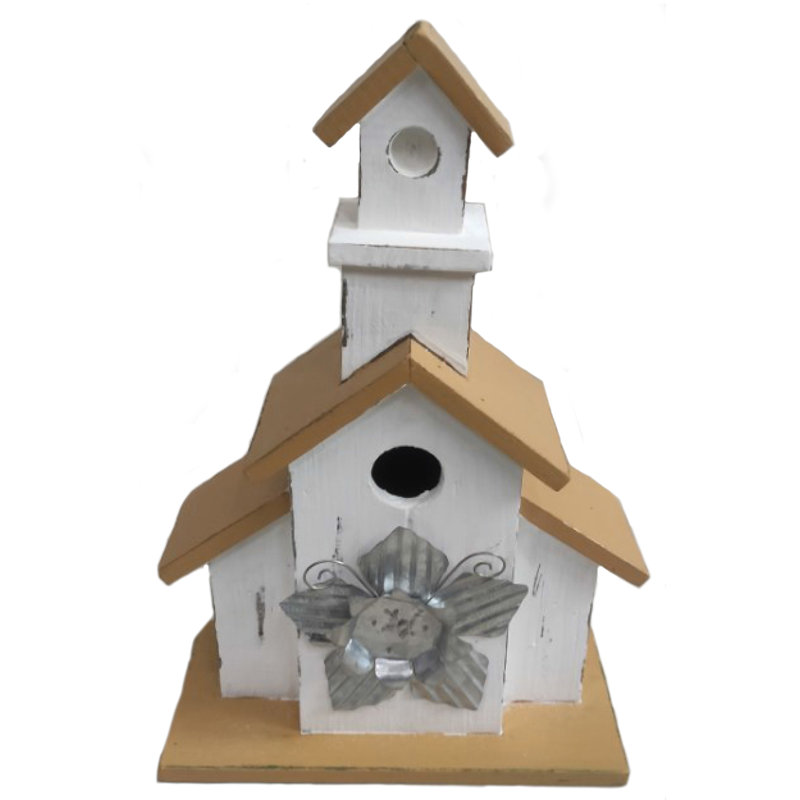 13" White Washed Wood Church Bird House