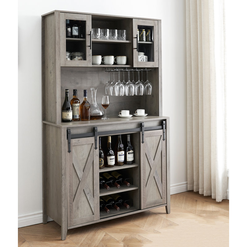 69.6'' Tall Farmhouse Coffee Bar Cabinet, 6 Bottle Wine Rack And 12 Stemware Slots, Light Oak