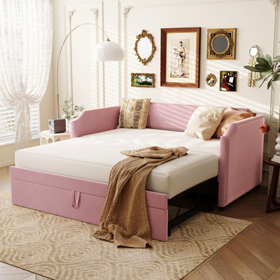 Lit de jour simple de taille simple avec lit gigogne et revêtement moelleux, lit 2 en 1 pour les chambres d'amis, couchette escamotable idéale pour une soirée pyjama, appartements fonctionnels, lecture confortable