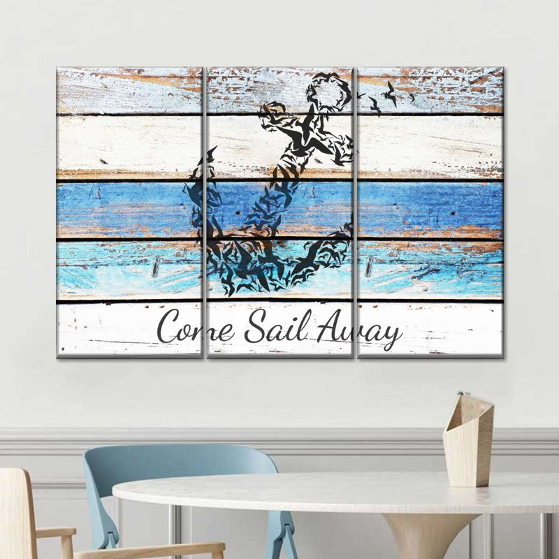 «Blue Anchor Quote», impression sur toile tendue 3 pièces, L 74 po x H 48 po