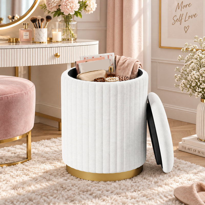 Repose-pieds rond avec velours et tabouret, Blanc / Blanc
