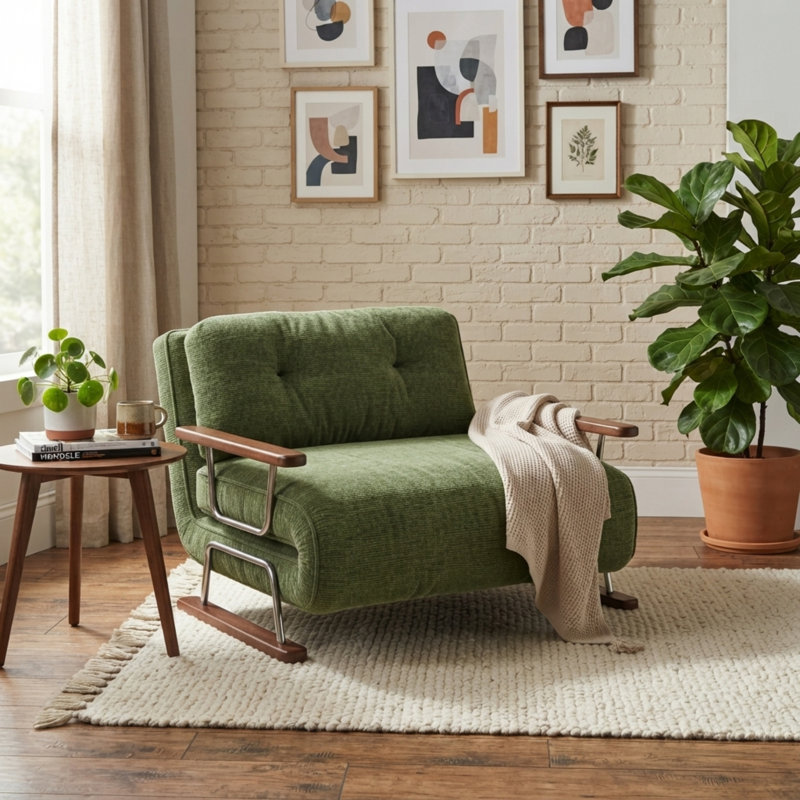 Fauteuil-lit convertible 4 en 1 en chenille verte, fauteuil-lit pliant et lit d'appoint pour petits espaces