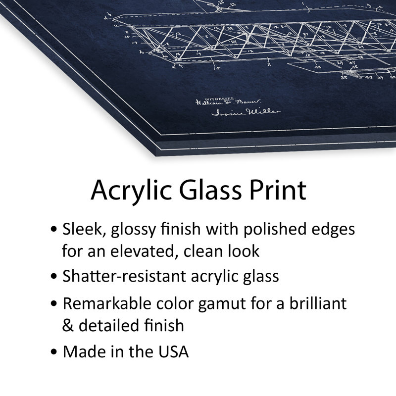 Avion gris anthracite brevet imprimé sur verre acrylique, Bleu marine