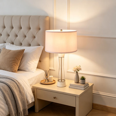 White Marble & Glass Cylinder Table Lamp with Soft Fabric Drum Shade