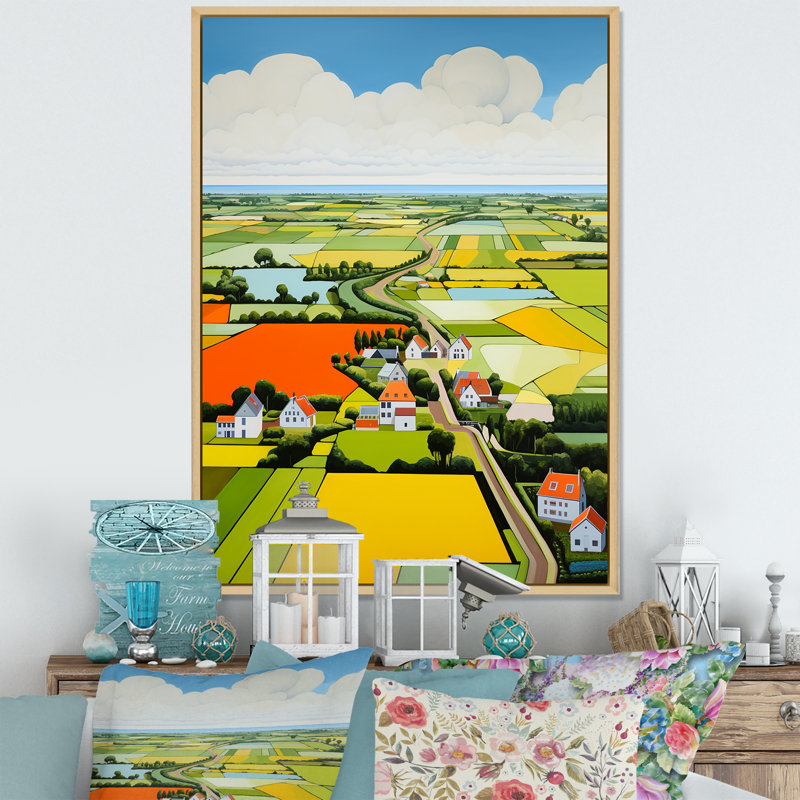 Paysage de ferme sur toile, "De Stijl", Cadre naturel flottant, H 20 po x l 12 po x P 1 po