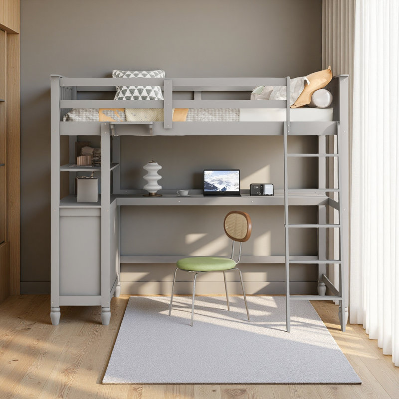 Lit mezzanine simple avec tiroirs et bureau, Gris