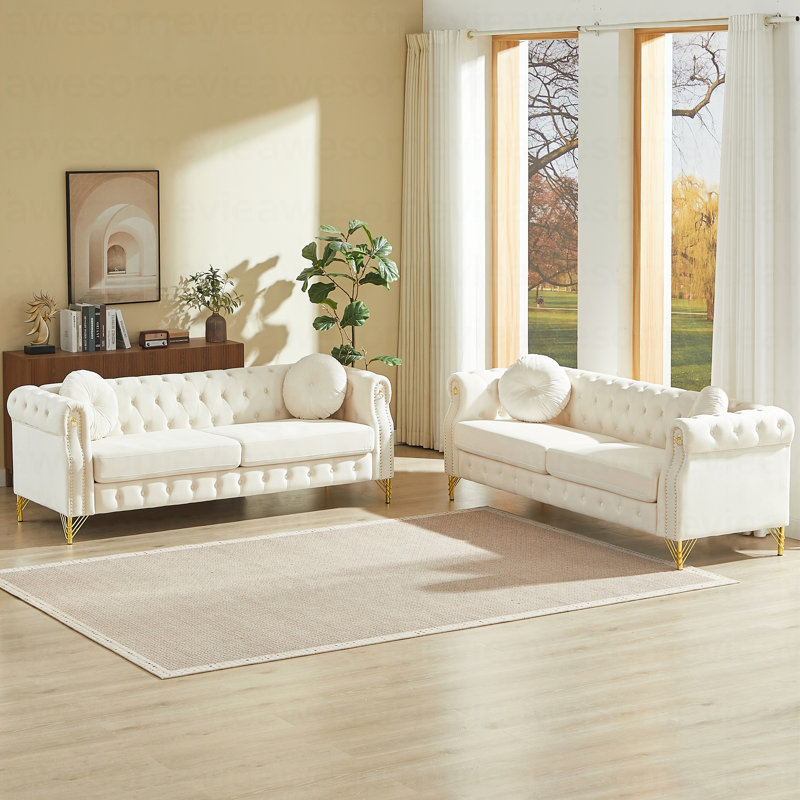 Ensemble de canapé capitonné en velours capitonné - clous en cuivre, 2 coussins ronds, pieds en métal avec boucle ornementale