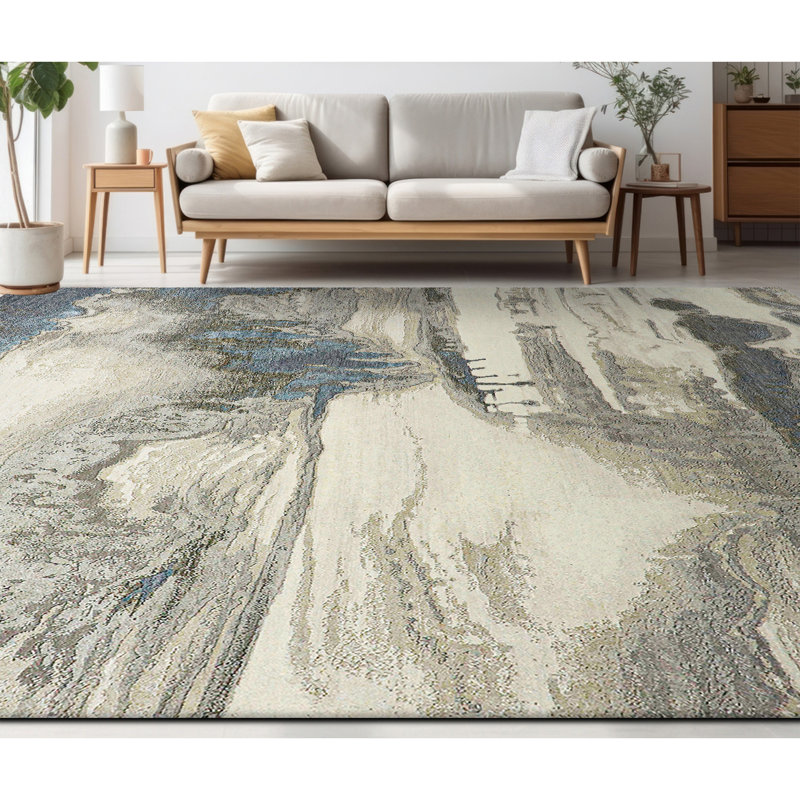 Hand Knotted Abstract Area Rug in Beige/Gray/Blue, Rectangle 8' x 10'