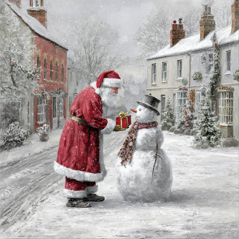 Père Noël partageant un cadeau avec un bonhomme de neige sur toile tendue