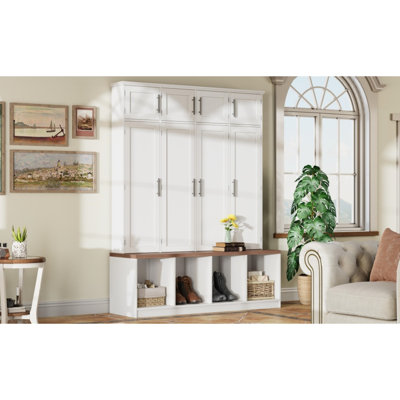 Farmhouse Hall Tree with Hidden Hanging Hooks, Versatile Seating Bench and Shoe Cabinet