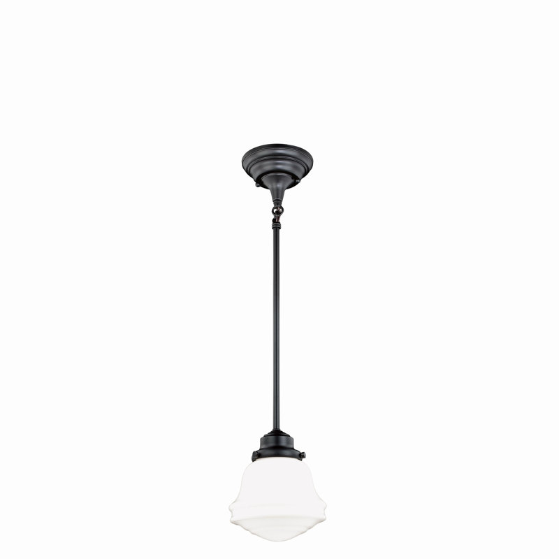 Luminaire suspendu style école 1 lumière Margaree, Bronze huilé, Verre laiteux blanc