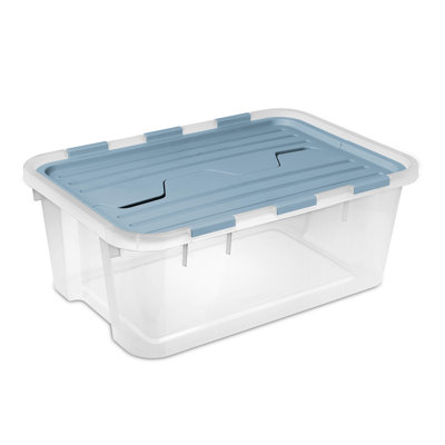 Sterilite 40 Qt Hinged Lid Storage Box, Plastic Container, Washed Blue, 18 Pack