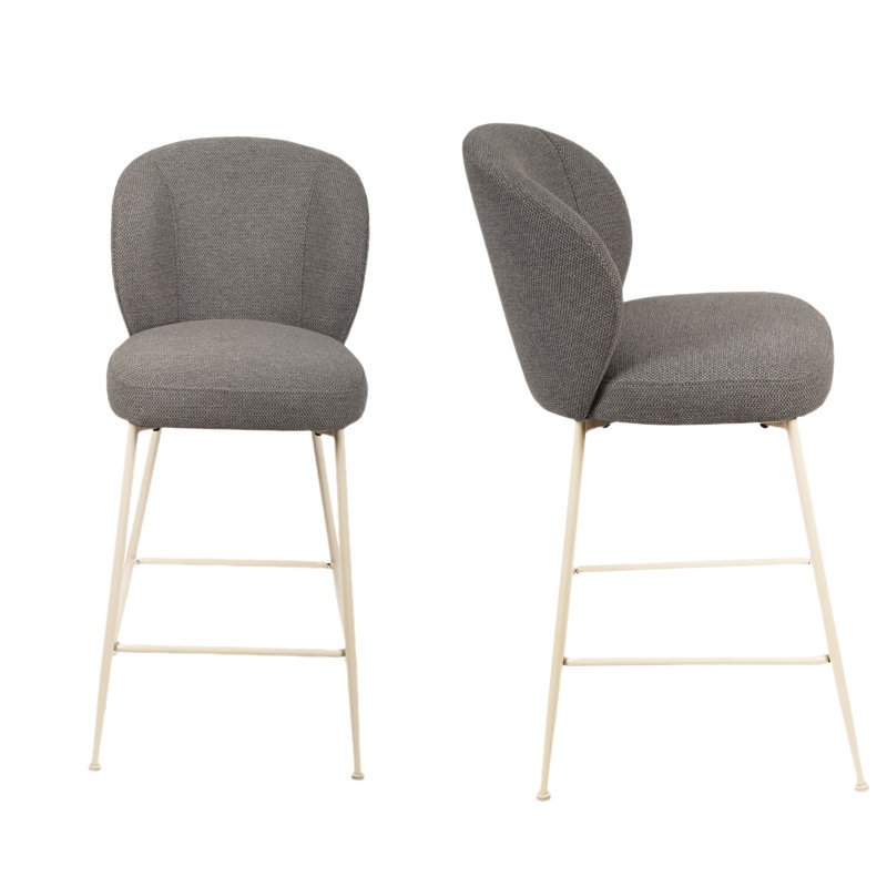 Ensemble de 2 tabourets de comptoir contemporains gris et blanc mat rembourrés de mousse, avec structure en métal aux lignes épurées pour les repas, revêtement en tissu transitionnel avec rembourrage, espace pour les jambes