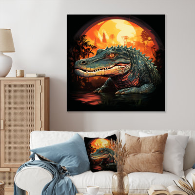 Orange And Green Crocodile Sunset - Alligator/Crocodile Animal Metal Wall Art